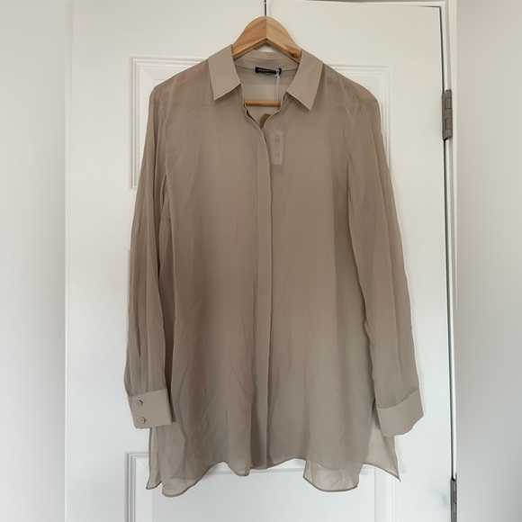 Eileen Fisher Sheer Silk Georgette Classic Collar Shirt, Dove, XS - Picture 9 of 9
